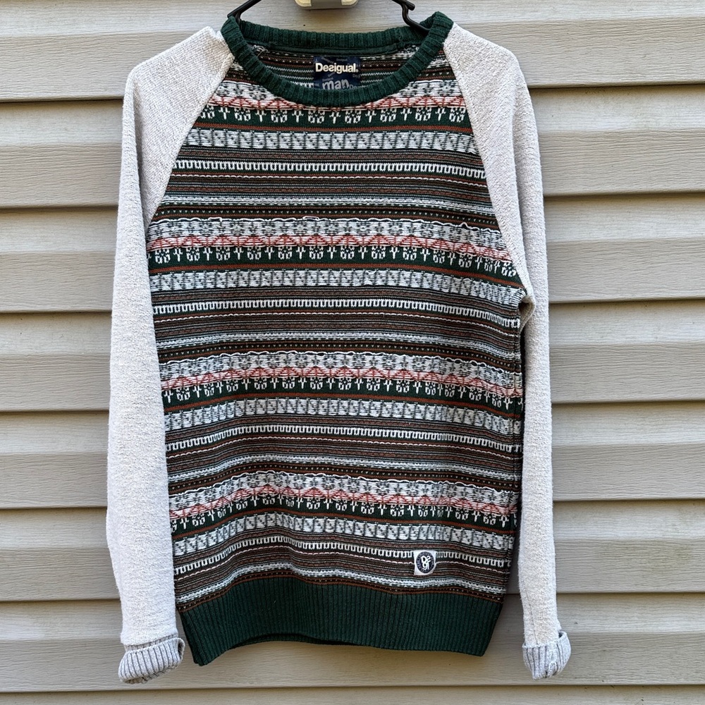 Desigual‎ Mens Stripe Sweater Green Tan Fair Isle Christmas Holiday Size Small